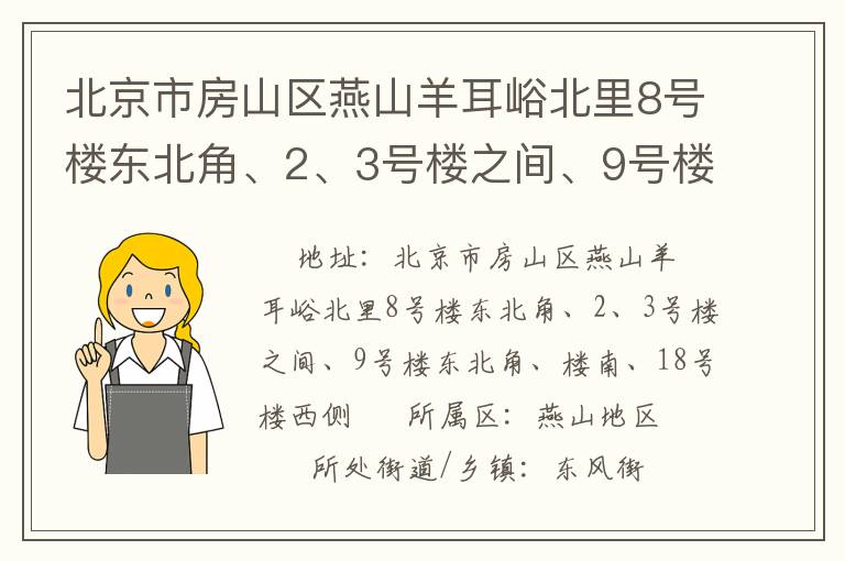 北京市房山區(qū)燕山羊耳峪北里8號(hào)樓東北角、2、3號(hào)樓之間、9號(hào)樓東北角、樓南、18號(hào)樓西側(cè)