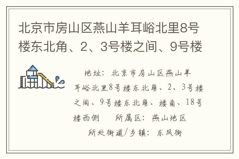 北京市房山區(qū)燕山羊耳峪北里8號(hào)樓東北角、2、3號(hào)樓之間、9號(hào)樓東北角、樓南、18號(hào)樓西側(cè)