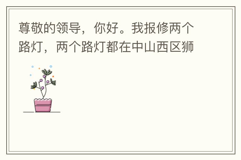 尊敬的領(lǐng)導，你好。我報修兩個路燈，兩個路燈都在中山西區(qū)獅滘口大橋。1.富華往濱江一號，下橋倒數(shù)第二支路燈已經(jīng)損壞。 2.濱江一號往富華方向，下橋最后一支路燈已經(jīng)損壞。麻煩及時修復，減少意外的發(fā)生。謝謝
