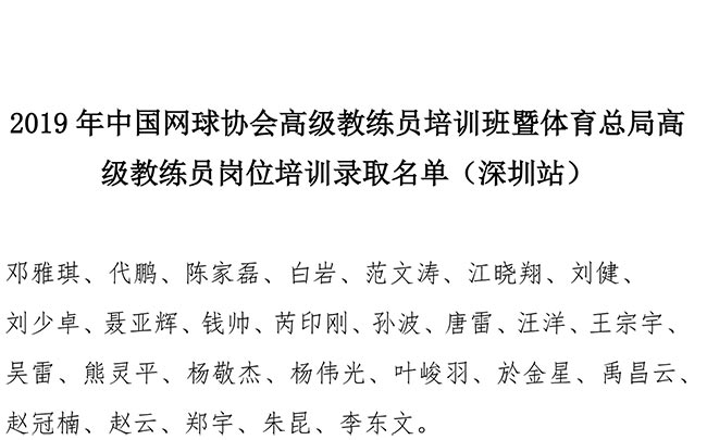 2019年中國網(wǎng)球協(xié)會(huì)高級(jí)教練員培訓(xùn)班暨體育總局高級(jí)教練員崗位培訓(xùn)錄取名單（深圳站）